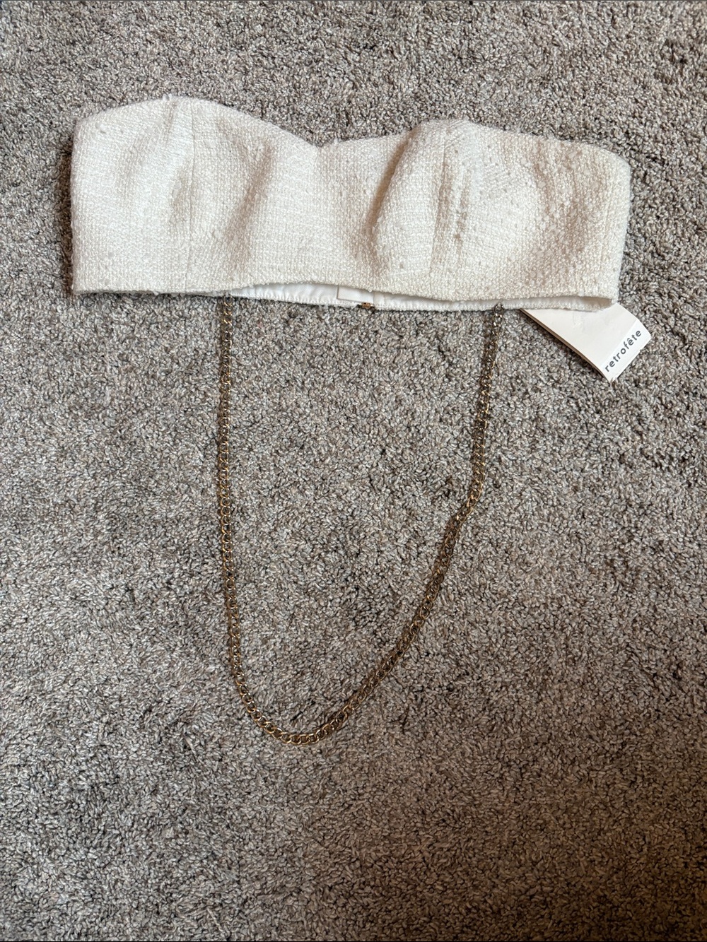 Retrofete Ivory Strapless Tweed Bandeau with Gold Chain